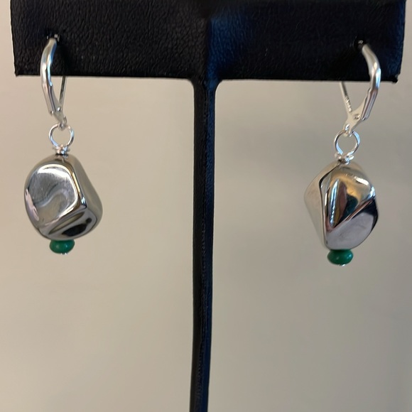 HAND CRAFTED EARRINGS Silvertone Nuggets Turquoise Rondelles - Picture 6 of 12